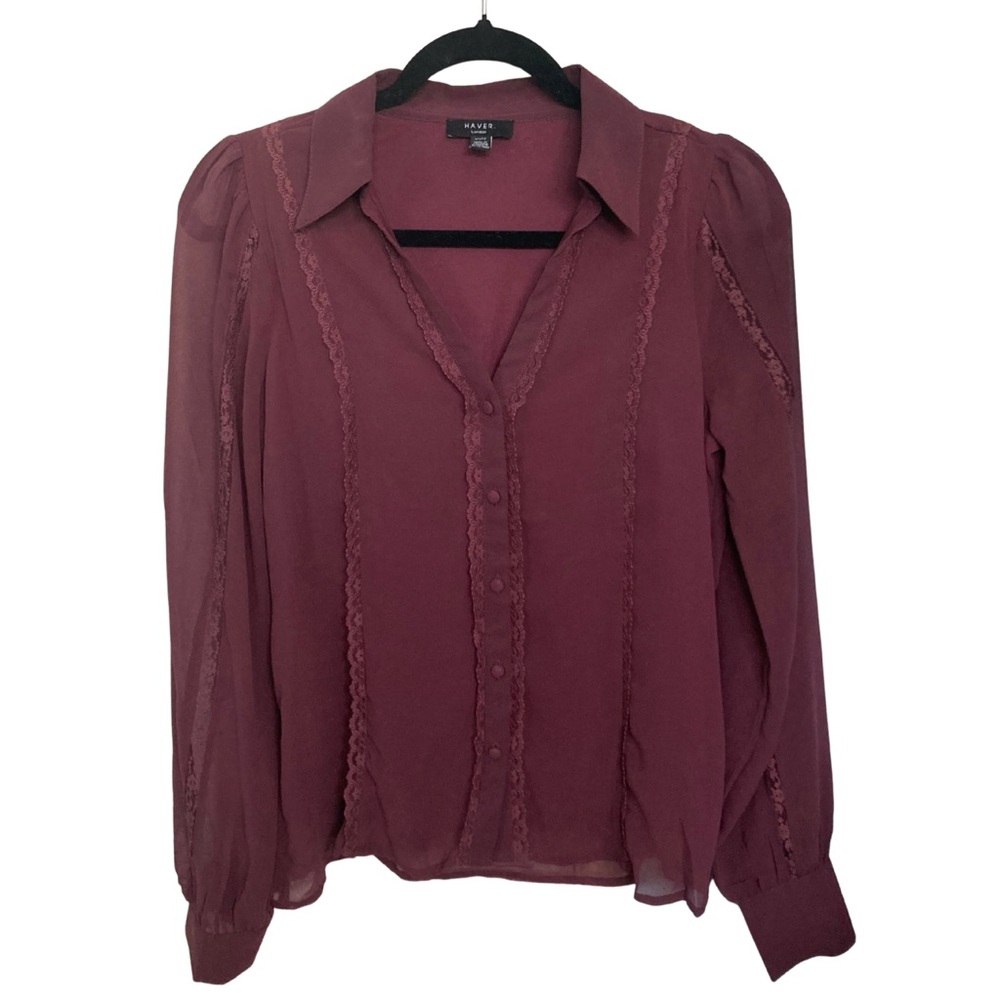 Haver Lace Trim Long Sheer Sleeve Blouse Size XS